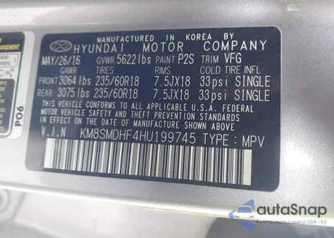 2017 Hyundai Santa Fe Se from USA, damaged, VIN KM8SMDHF4HU199745